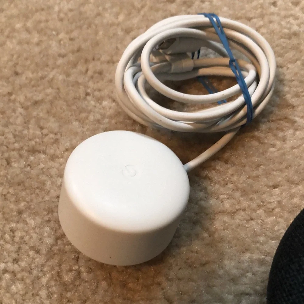 Google nest smart speaker with charger.